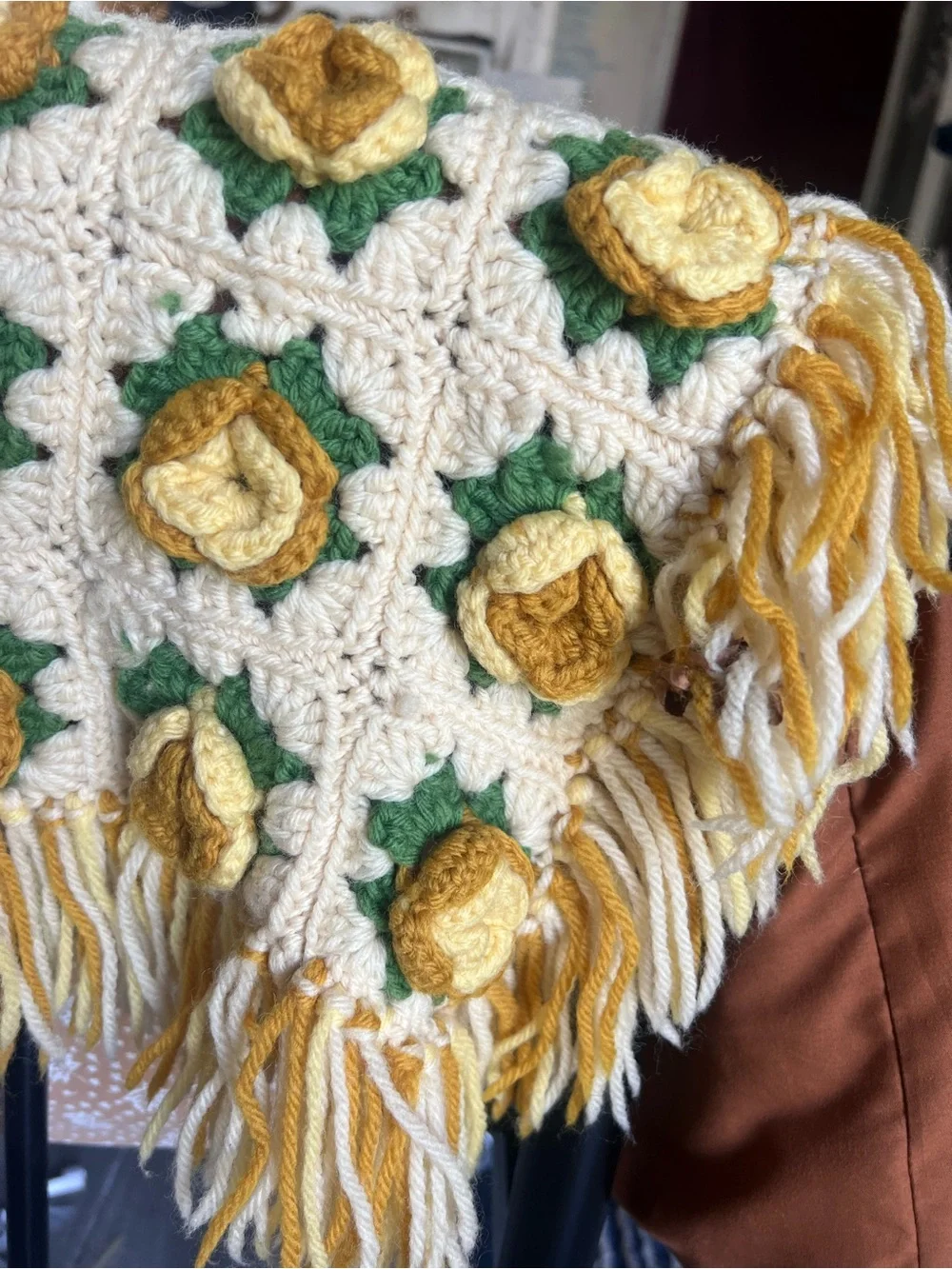 Vintage Crochet Granny Square Blanket Roses Fringe